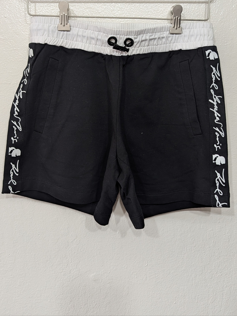 Karl Lagerfeld Black Shorts with White Waistband and Side Script